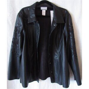 Alfred Dunner Petite Faux Leather Black Jacket Embroidered Floral Sleeves PL NWT